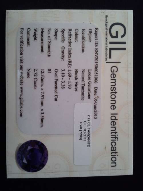 2.72Ct GiL Certified Natural Tanzanite, Bluish Violet, Oval facetted Cut.  Please see pictures.